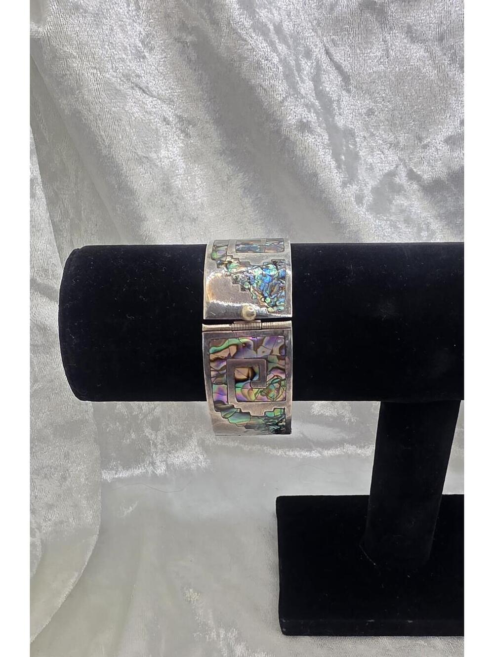 Vintage Abalone Alpaca Bracelet Geometric Inlay Cuff Mexico Style Shell Mosaic